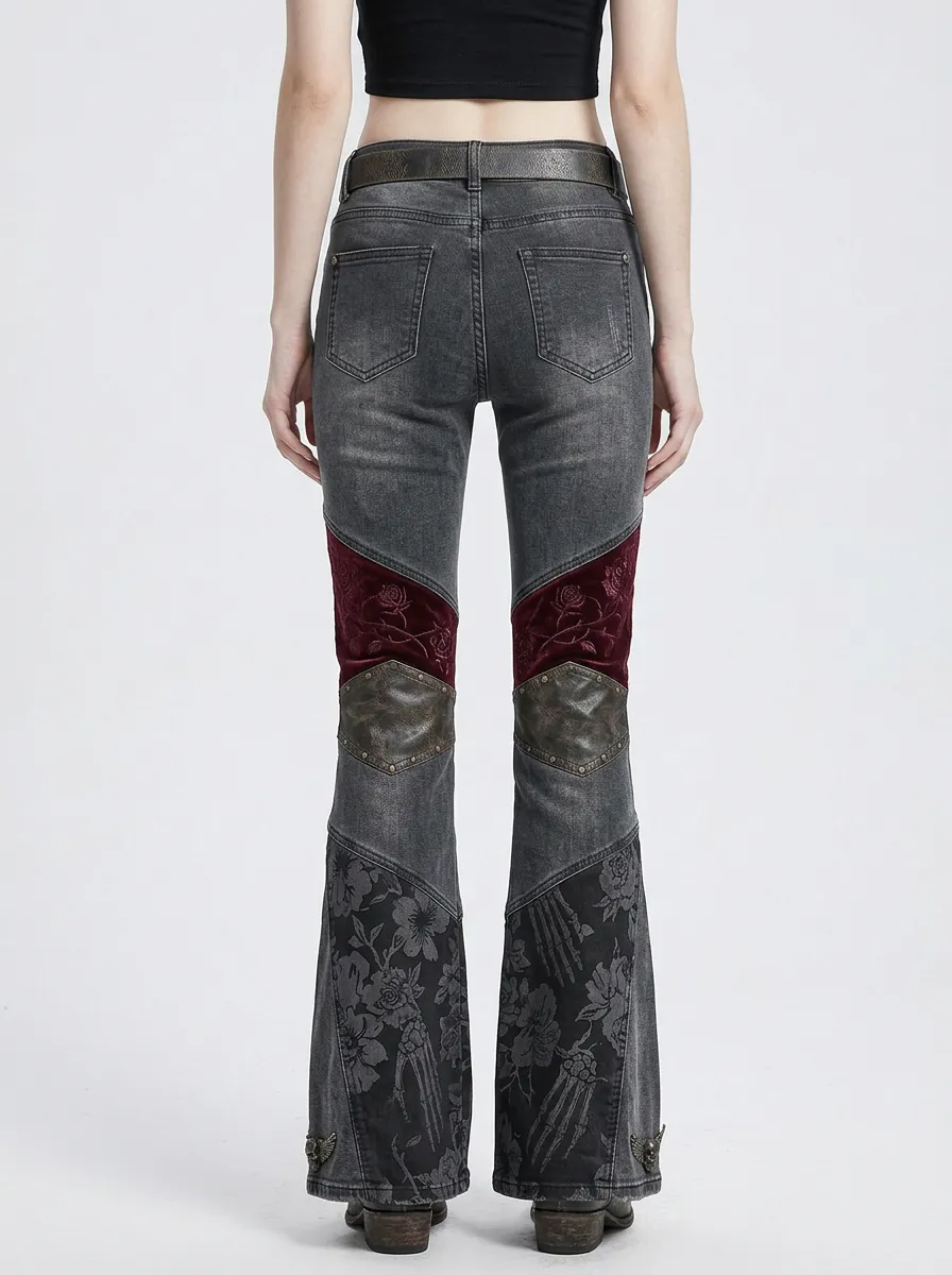 Dark Skull Rose Moon Finish Women's Gothic Flare Pants