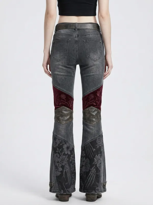Dark Skull Rose Moon Finish Women's Gothic Flare Pants