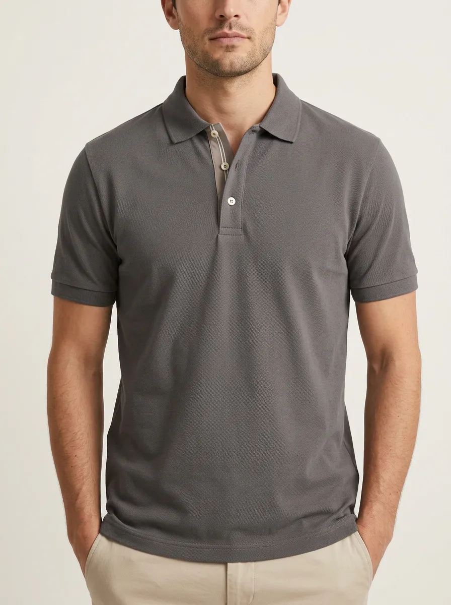 Men's Casual Minimalist Grey Striped Placket Polo Shirt