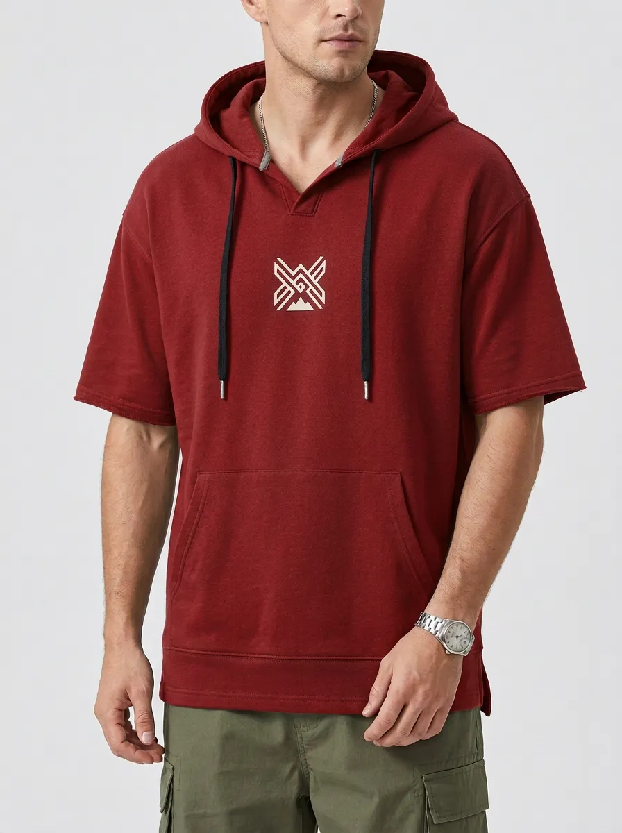 Classic Short Sleeve Mountain Graphic Geometric Casual Look Men's Hoodie