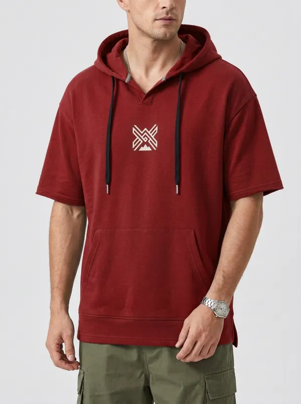 Classic Short Sleeve Mountain Graphic Geometric Casual Look Men's Hoodie