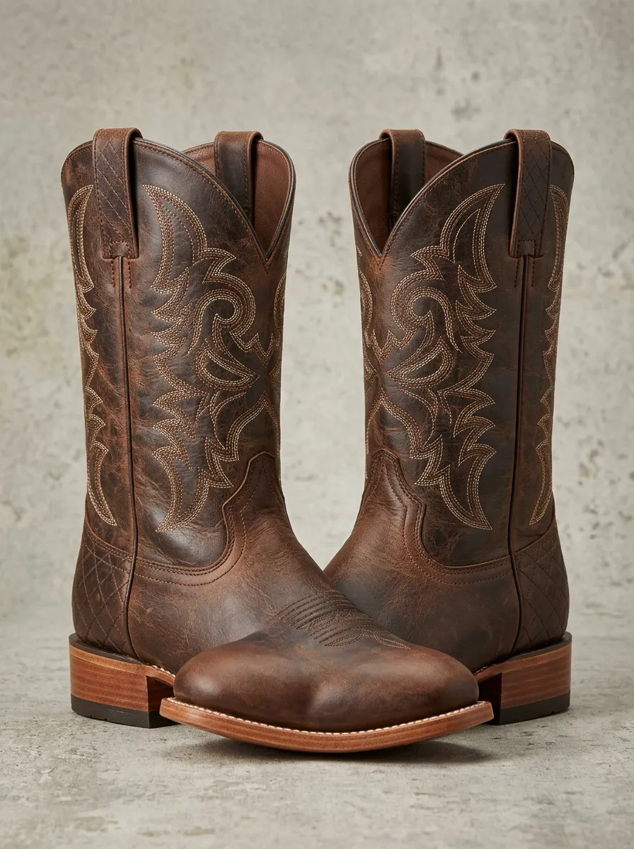 Men's Ranch Inspired Western Cowboy Embroidered Distressed Cowboy Boots