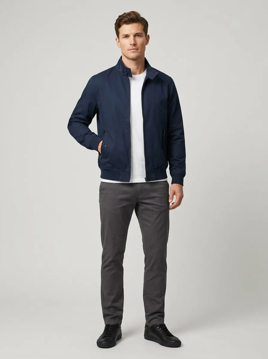 Men's Casual Minimalist Navy Blue Harrington Jacket