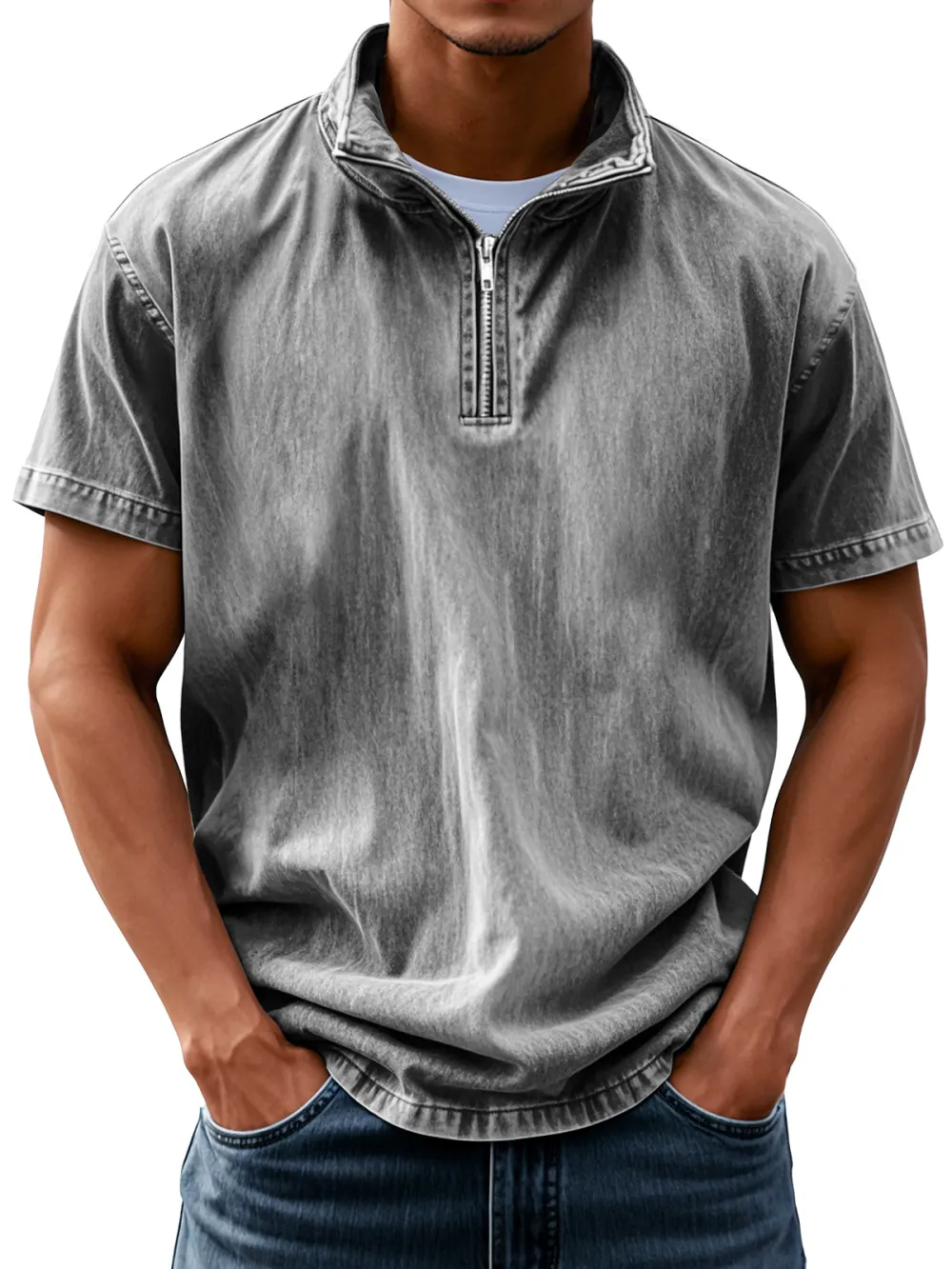 Short Sleeve Stand Collar Zip Front Shirt
