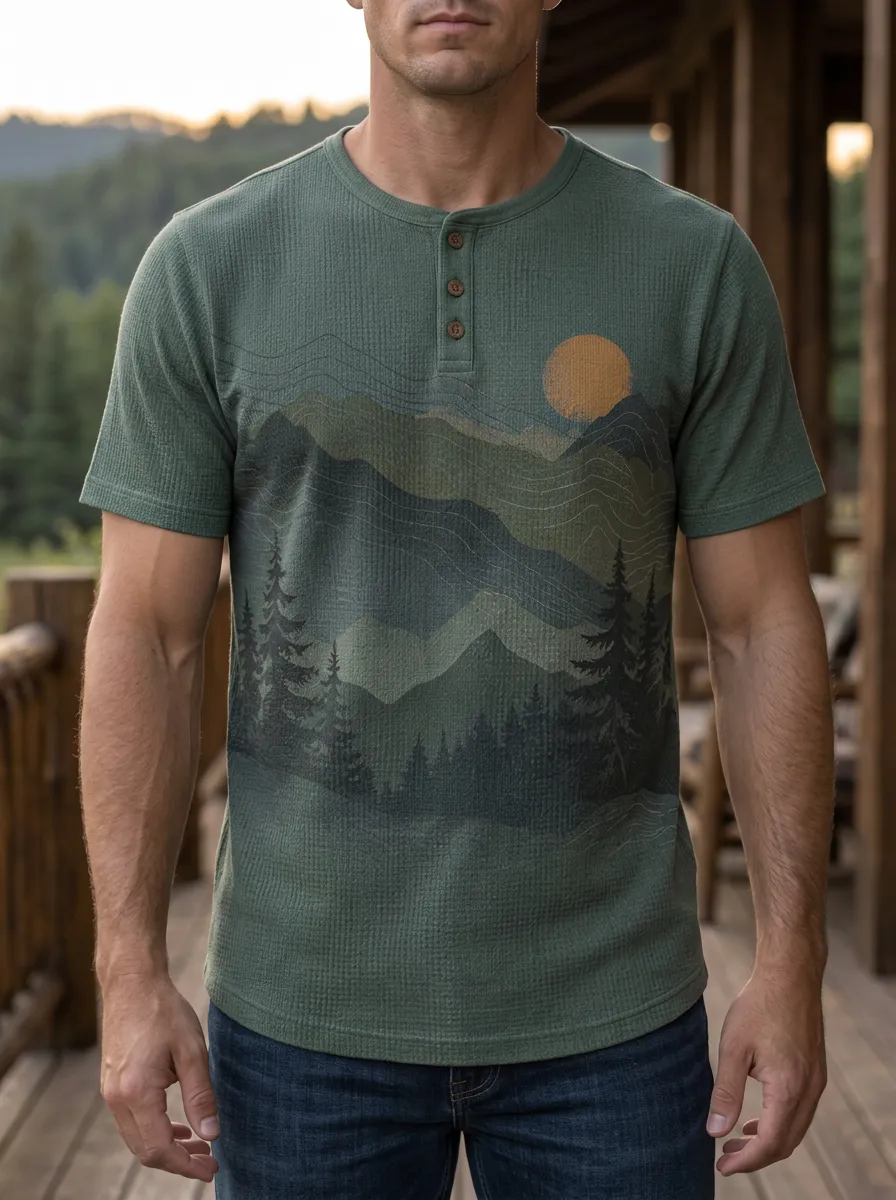 Men's Refined Nature Lover Mountain Forest Sun Henley T-Shirt