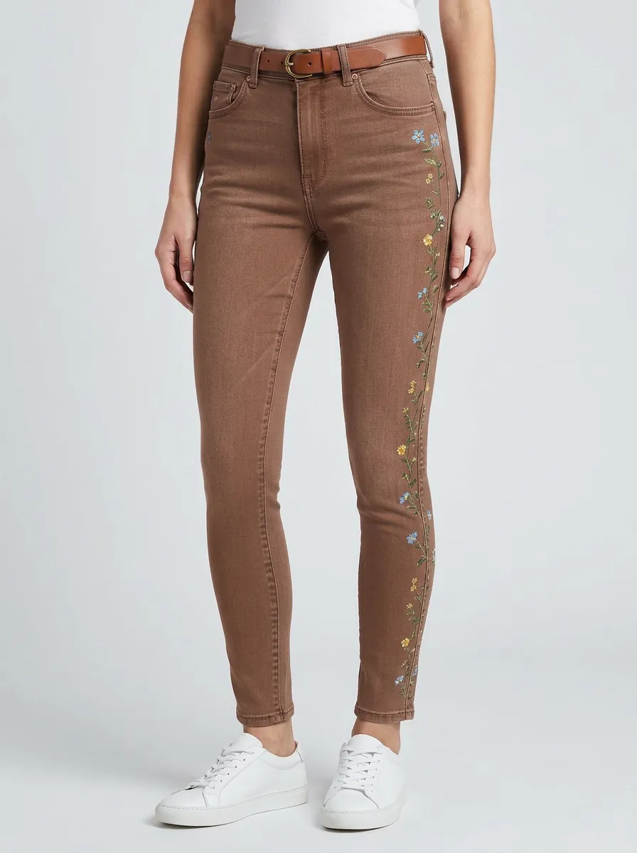 Women's Floral Side Embroidered Printed Slim Jeans