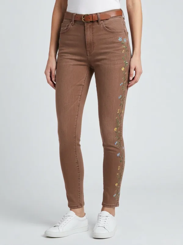 Women's Floral Side Embroidered Printed Slim Jeans