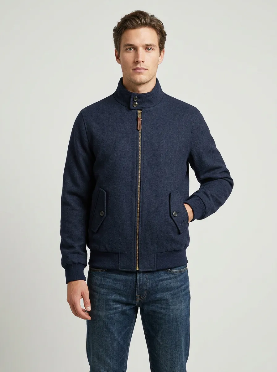 Men's Casual Style Navy Herringbone Stand Collar Zip-Up Jacket