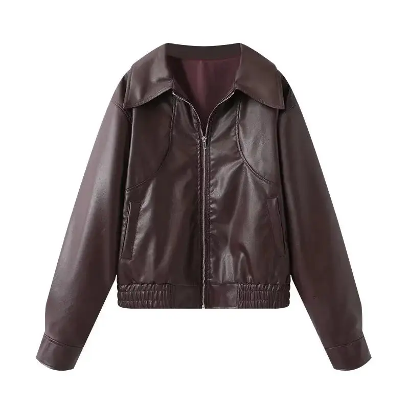 Faux Leather Shirt Collar Elastic Hem Bomber Jacket