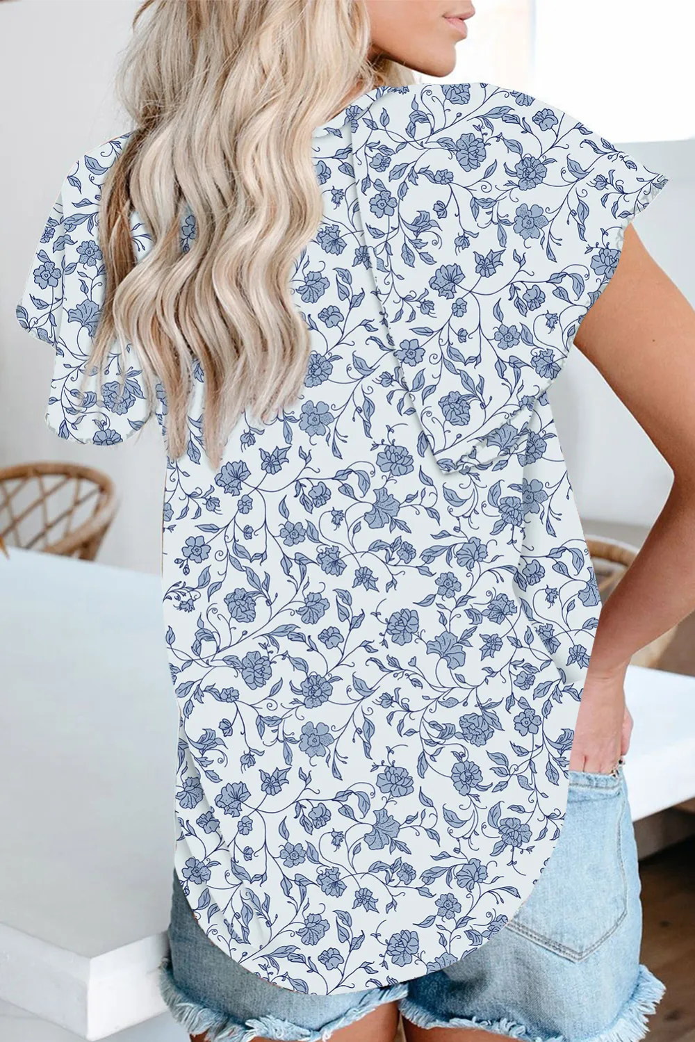 Sky Blue V Neck Short Sleeve Blouse