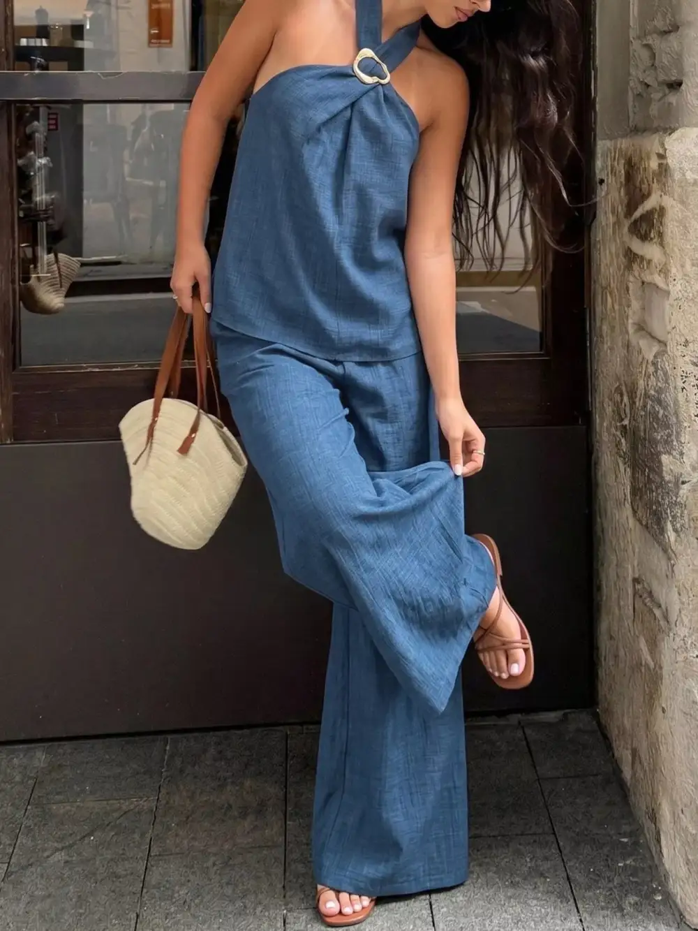 Halter Neck Top and Wide Leg Pants Set