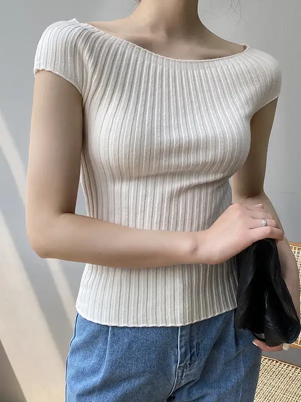 Boat Neck Short Sleeve Slim Fit Pullover Sweater
