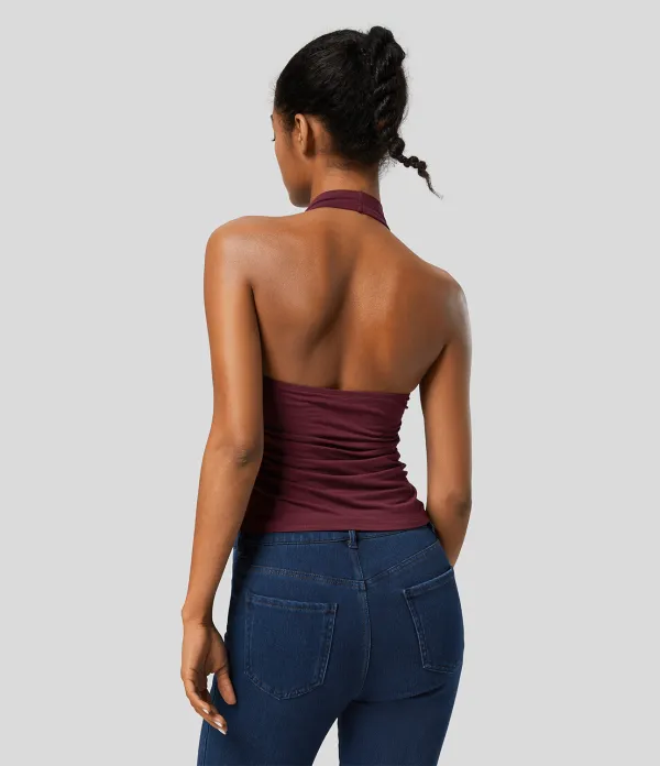 Halter Cowl Neck Backless Ruched Casual Tank Top