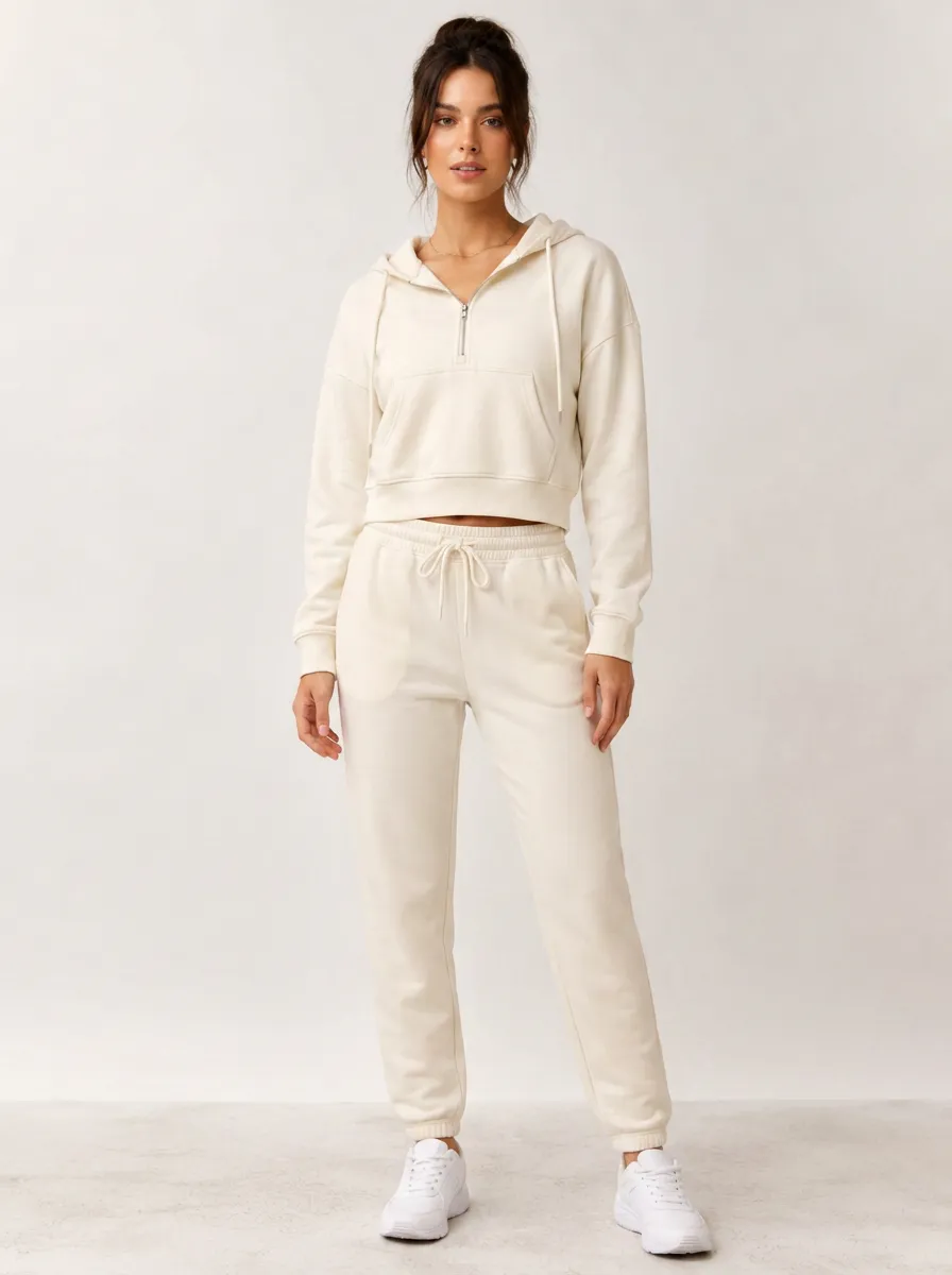 Women's Casual Sporty Beige Quarter-Zip Cropped Hoodie Jogger Set