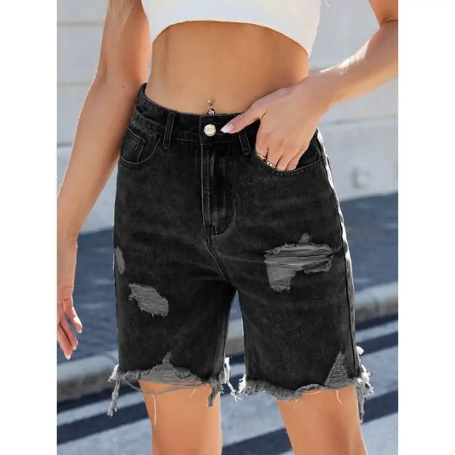 Casual Raw Hem Distressed Denim Shorts