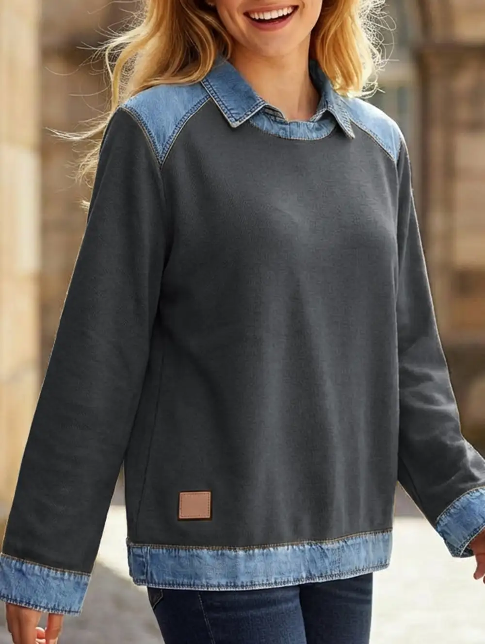Denim Collar Patchwork Top