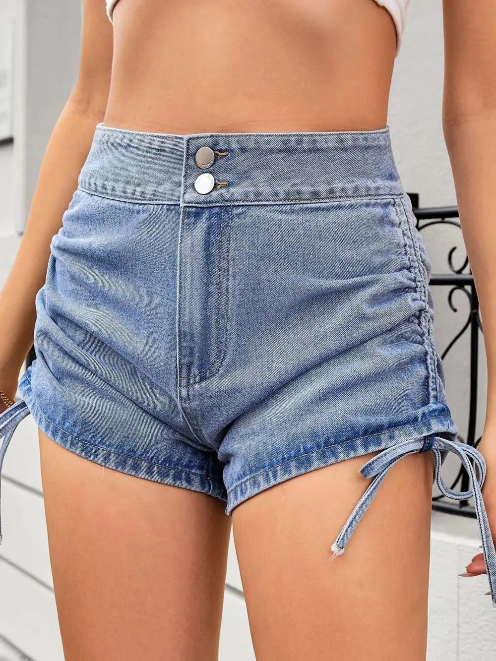 Ruched Side Drawstring Shorts Denim Pants
