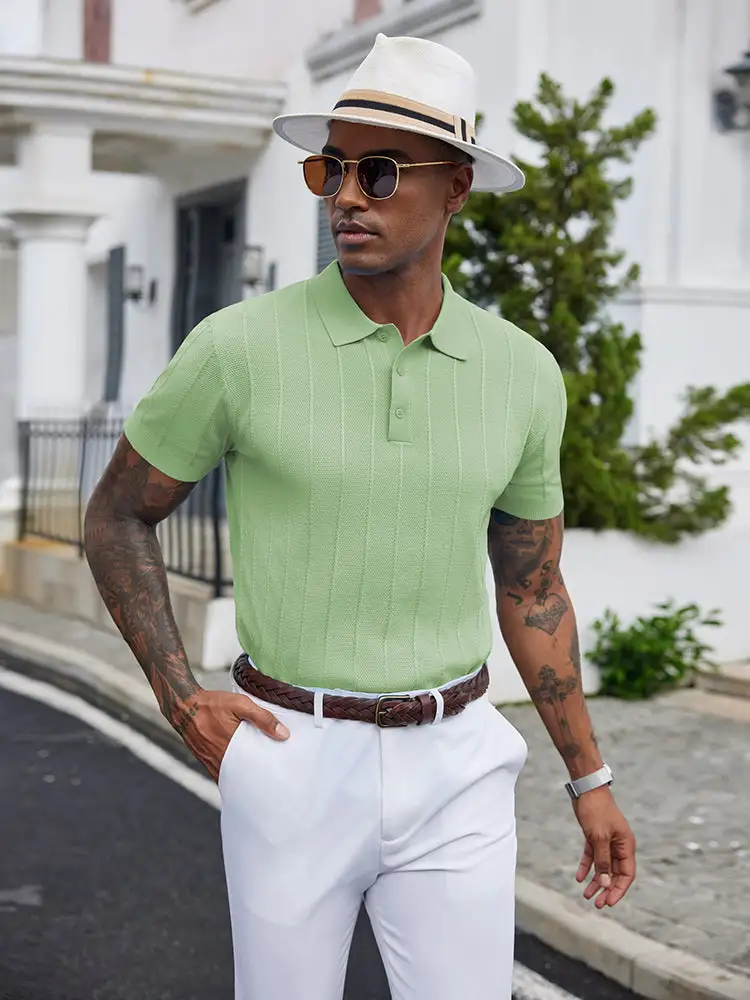 Ribbed Textured Knit Polo Shirt