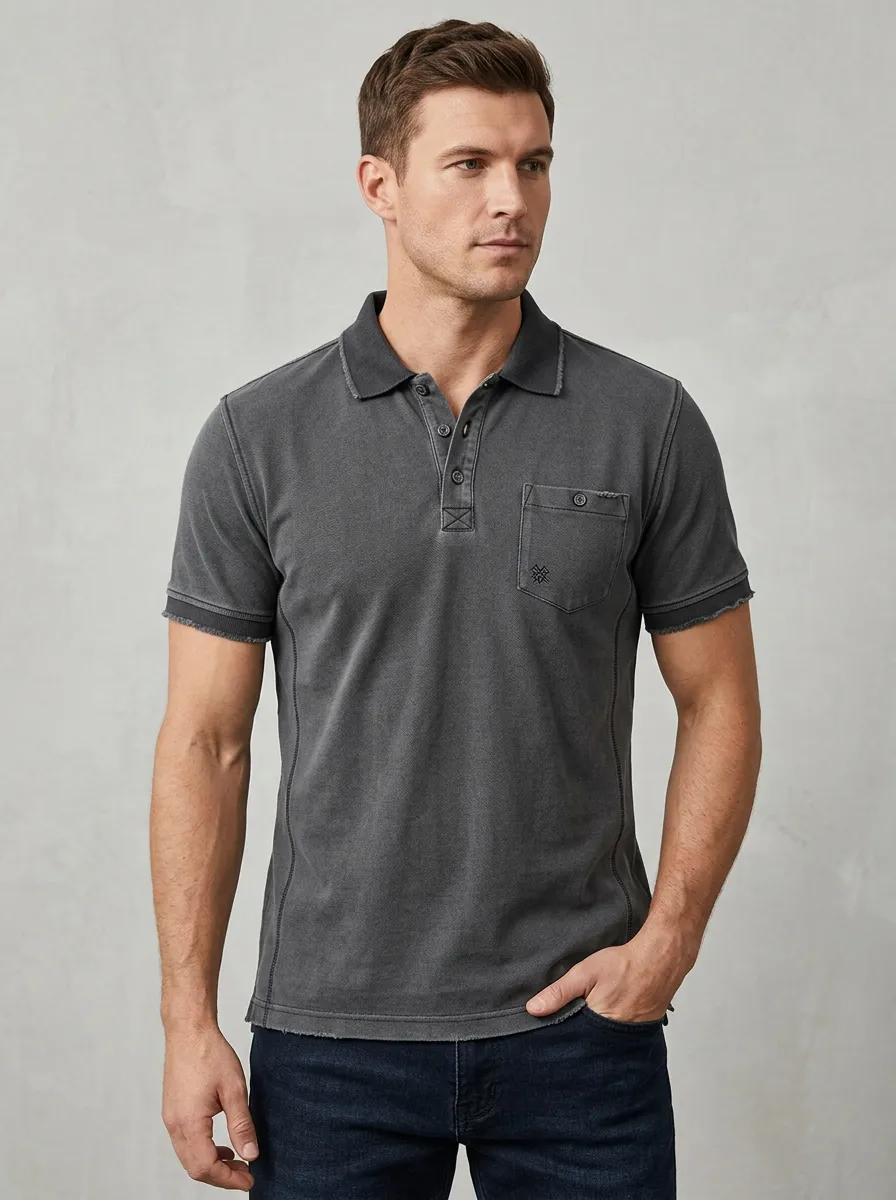 Men's Vintage Washed Charcoal Pocket Polo Shirt