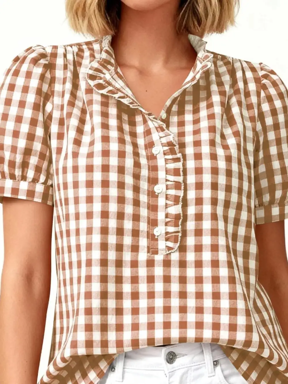 Gingham Button-Front Puff Sleeve Blouse