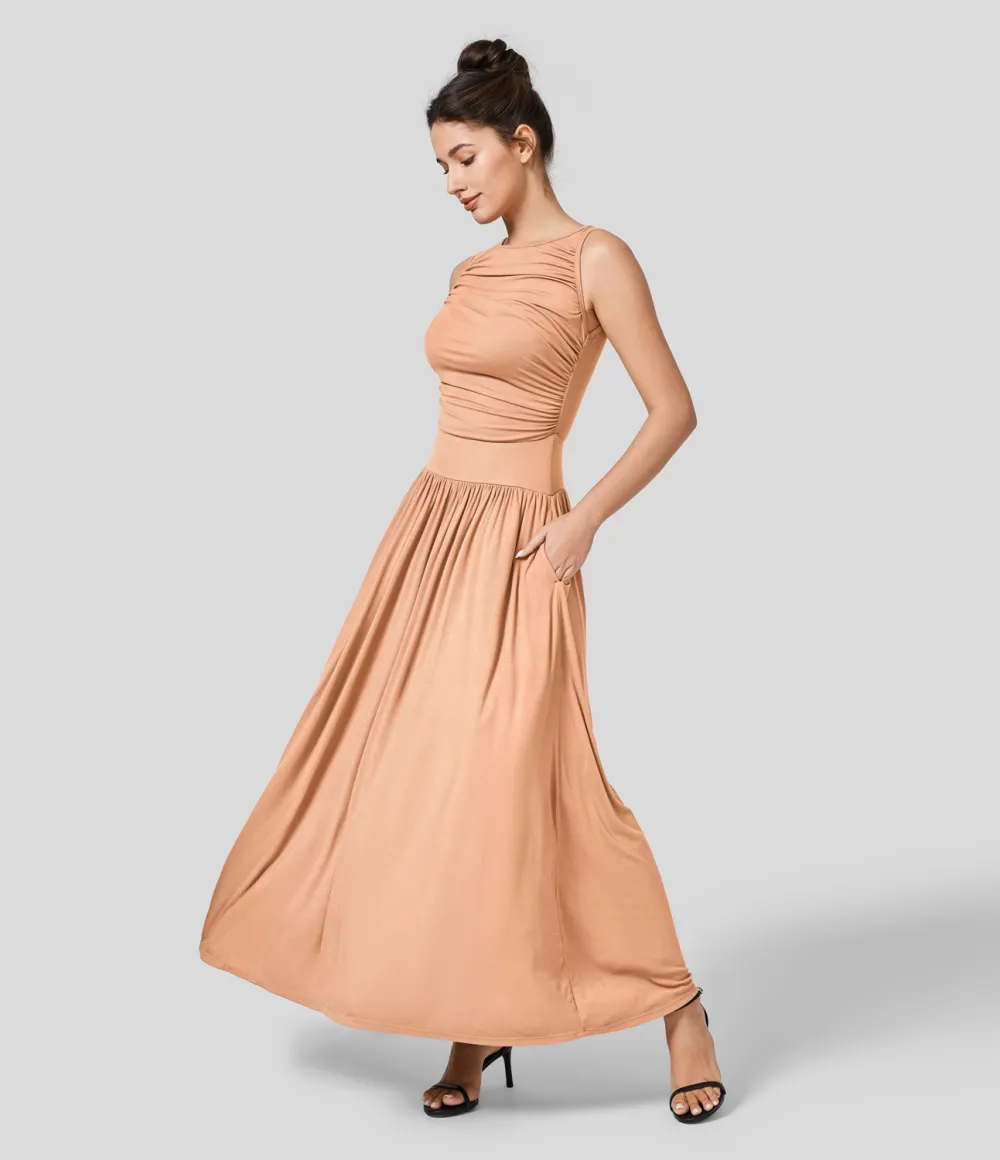 Ribbed Boat Neck Ruched Side Pocket Flowy Maxi Casual Dress