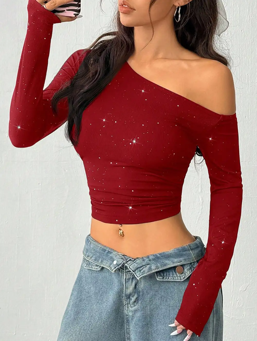 Rhinestone One Shoulder Knit Top
