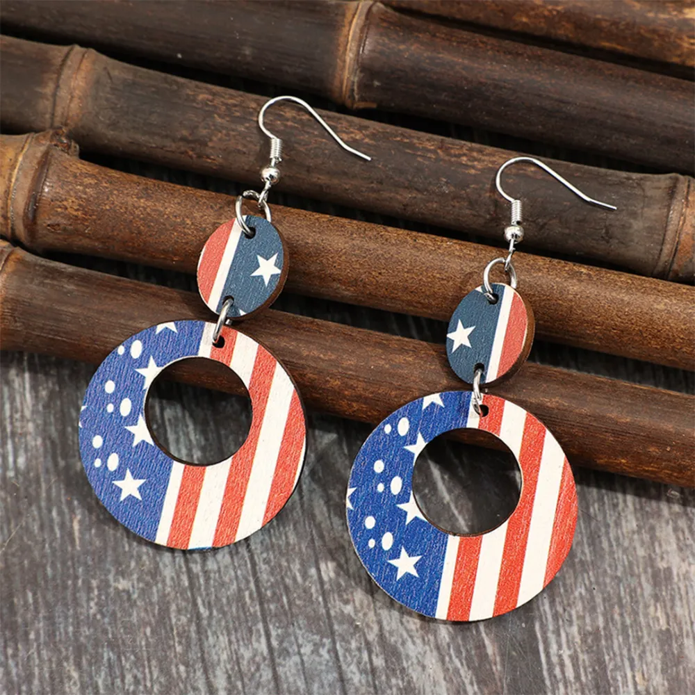 Red Blue Pattern Wooden Earrings