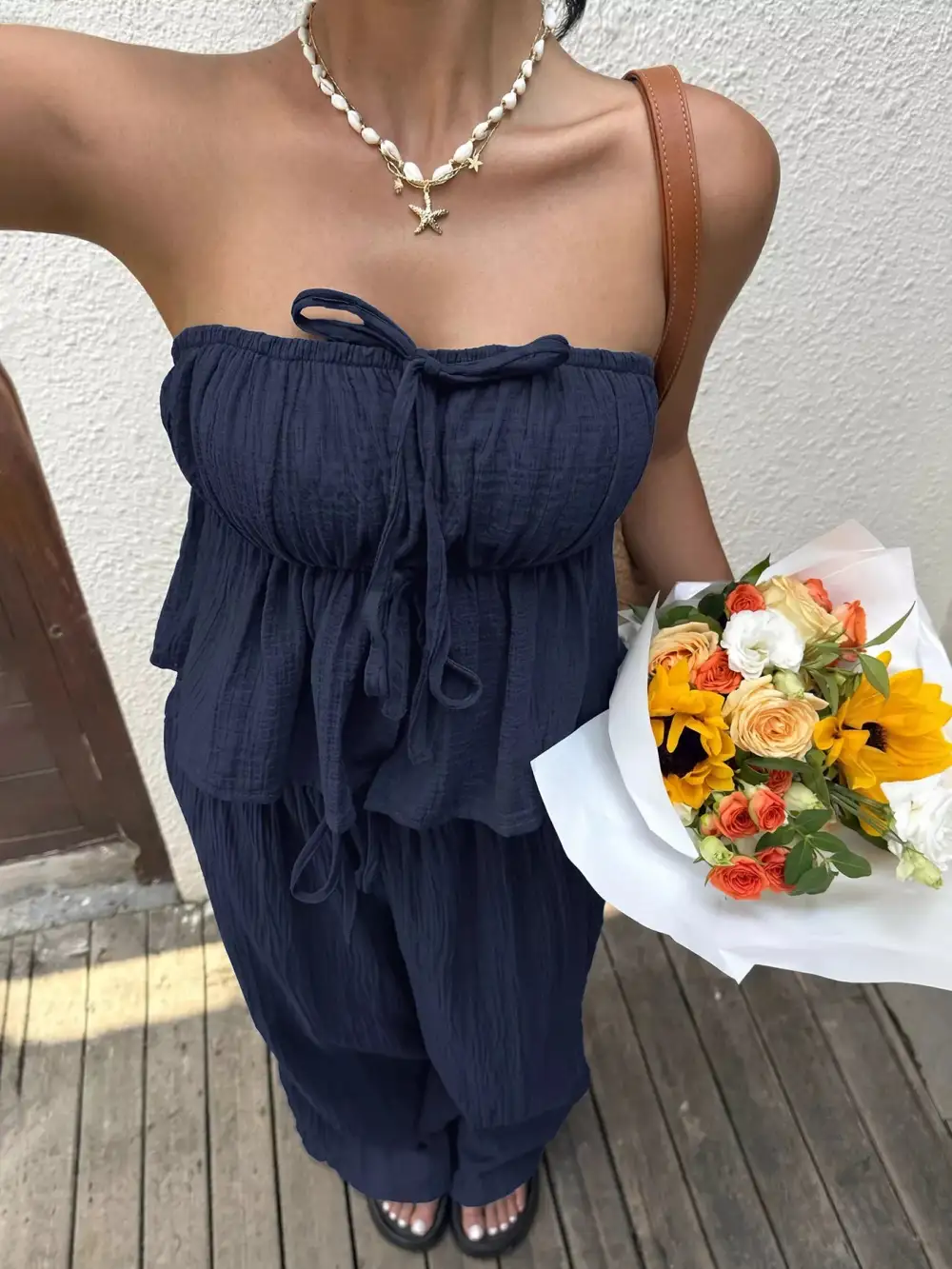 Textured Tube Top and Wide Leg Pants Set