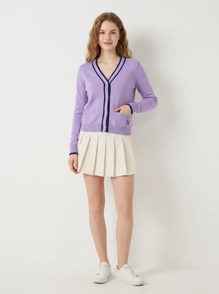 Women's Tennis Lover Purple Racket Embroidered Cardigan