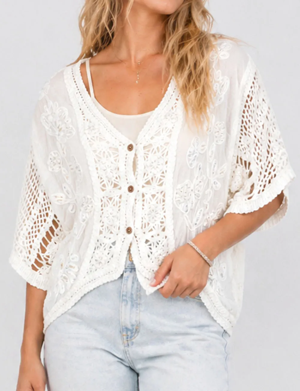 Boho Embroidery Crochet Knit Sleeves Cardigan