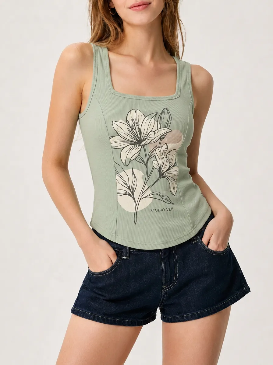 Women's Floral Lover Sage Green Lily Printed Ribbed Tank Top