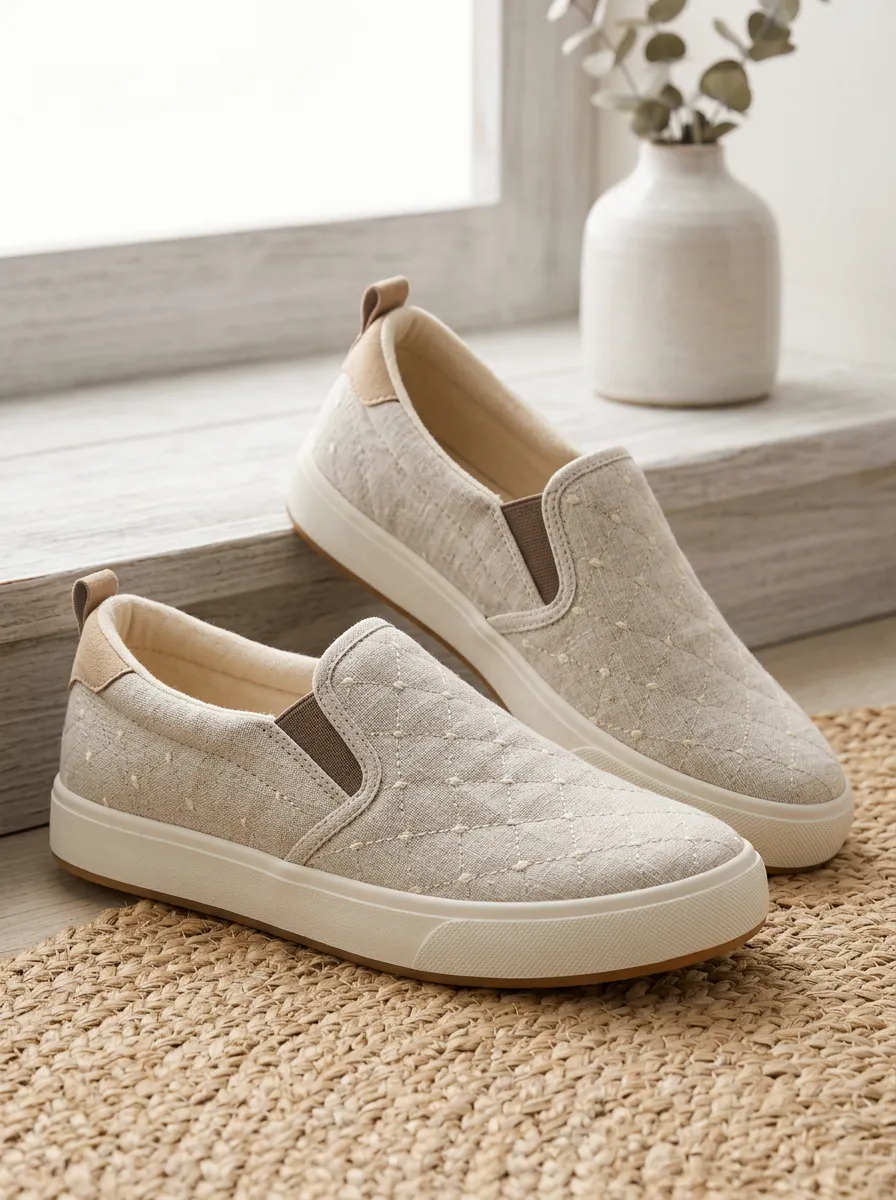 Women's Beige Quilted Pattern Printed Slip-on Shoes