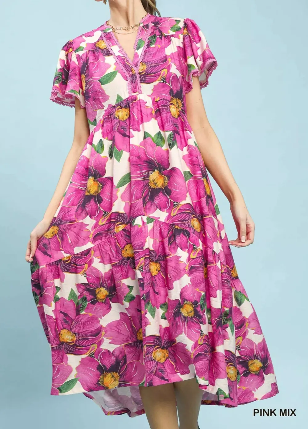 Tropical V-Neck Flutter Sleeve Tiered Midi Dress
