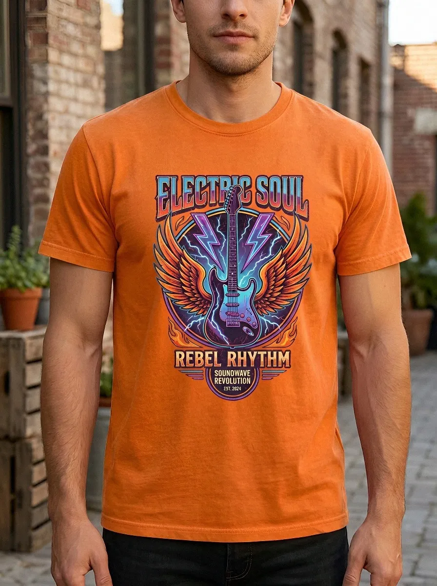 Men's Rock Music Lover Electric Guitar Wing Printed T-shirt