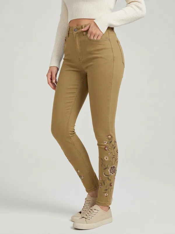 Women's Ridge Floral Vintage Flower Embroidered Printed Slim Jeans