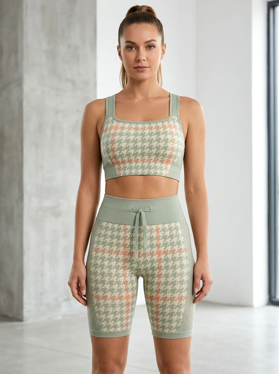 Practical Houndstooth Pattern Finish Women's Tank Top And Sports Shorts Set