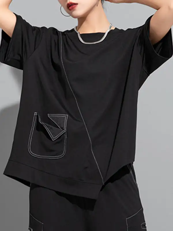 Relaxed Short Sleeve Asymmetric Panel Detail Round Neck T-Shirt