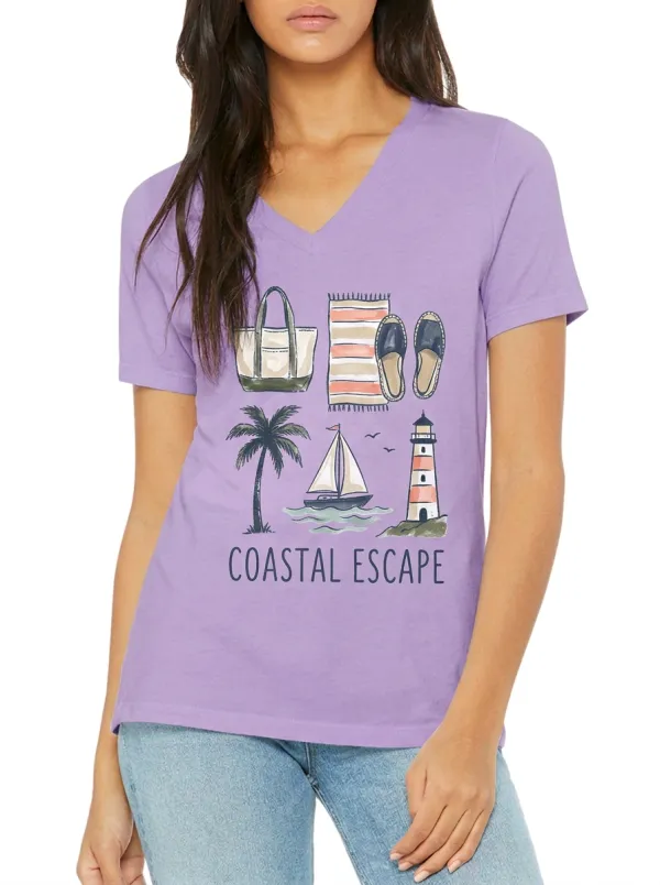 Women's Coastal Escape Beach Vacation Lighthouse Printed V-neck T-shirt