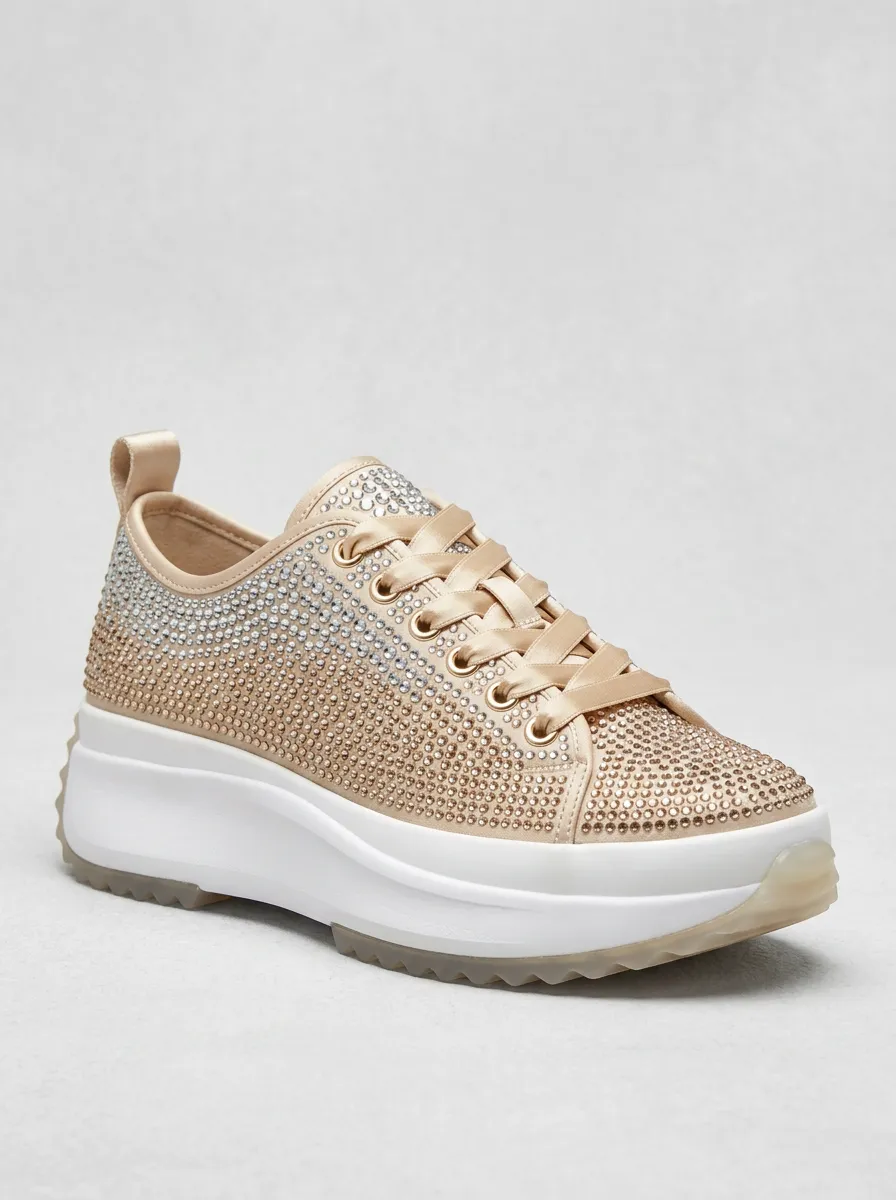 Streamlined Lace-Detail Lace-Up Women's Rhinestone Platform Shoes