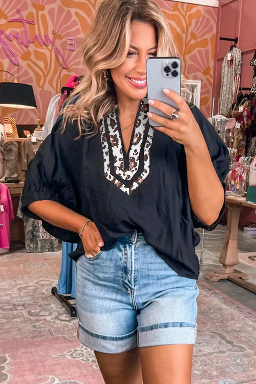 Black Dolman Half Sleeve Leopard Blouse