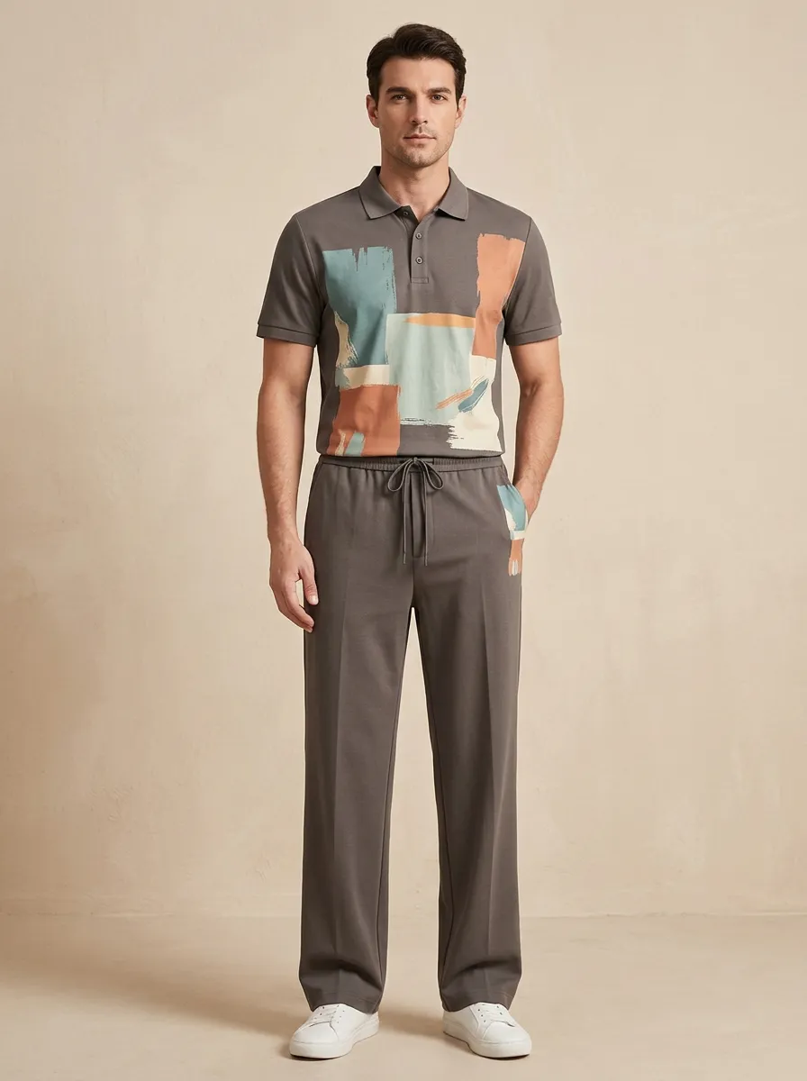 Men's Abstract Brushstroke Printed Casual Polo Set