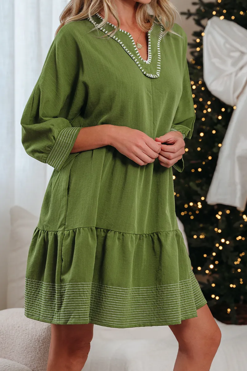 Jungle Contrast Stitched V Neck Three Quarter Sleeve Tiered Mini Dress