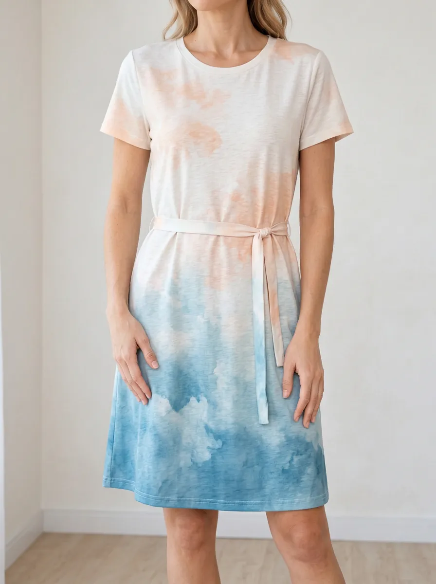 Women's Casual Summer Blue Peach Tie-Dye Printed Dress