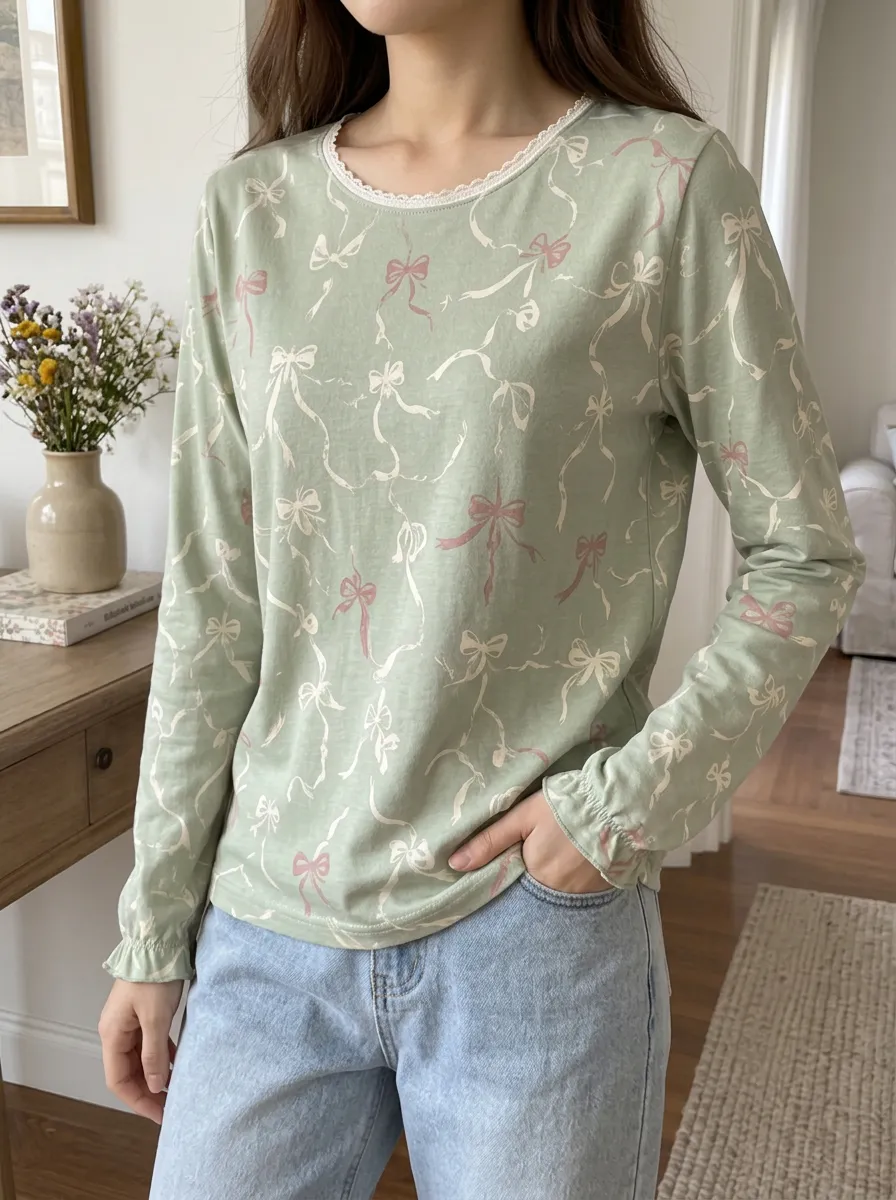 Women's Coquette Aesthetic Pink Bow Printed Lace Trim Long Sleeve Top