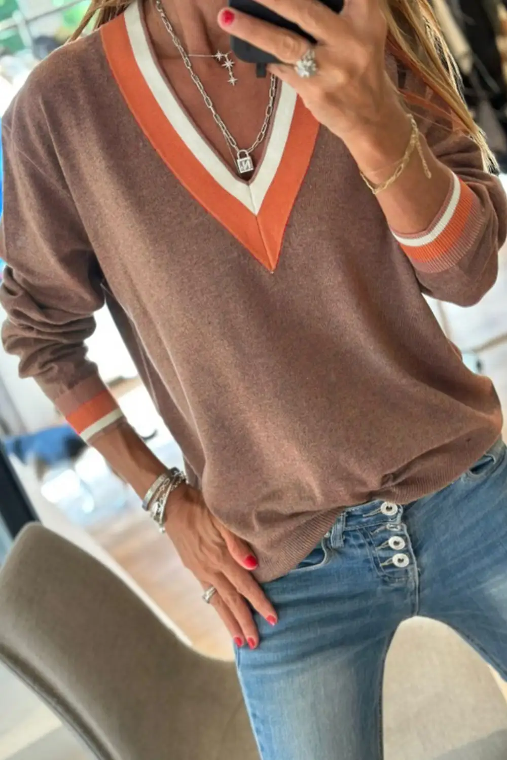 Striped Knit V Neck Sweater