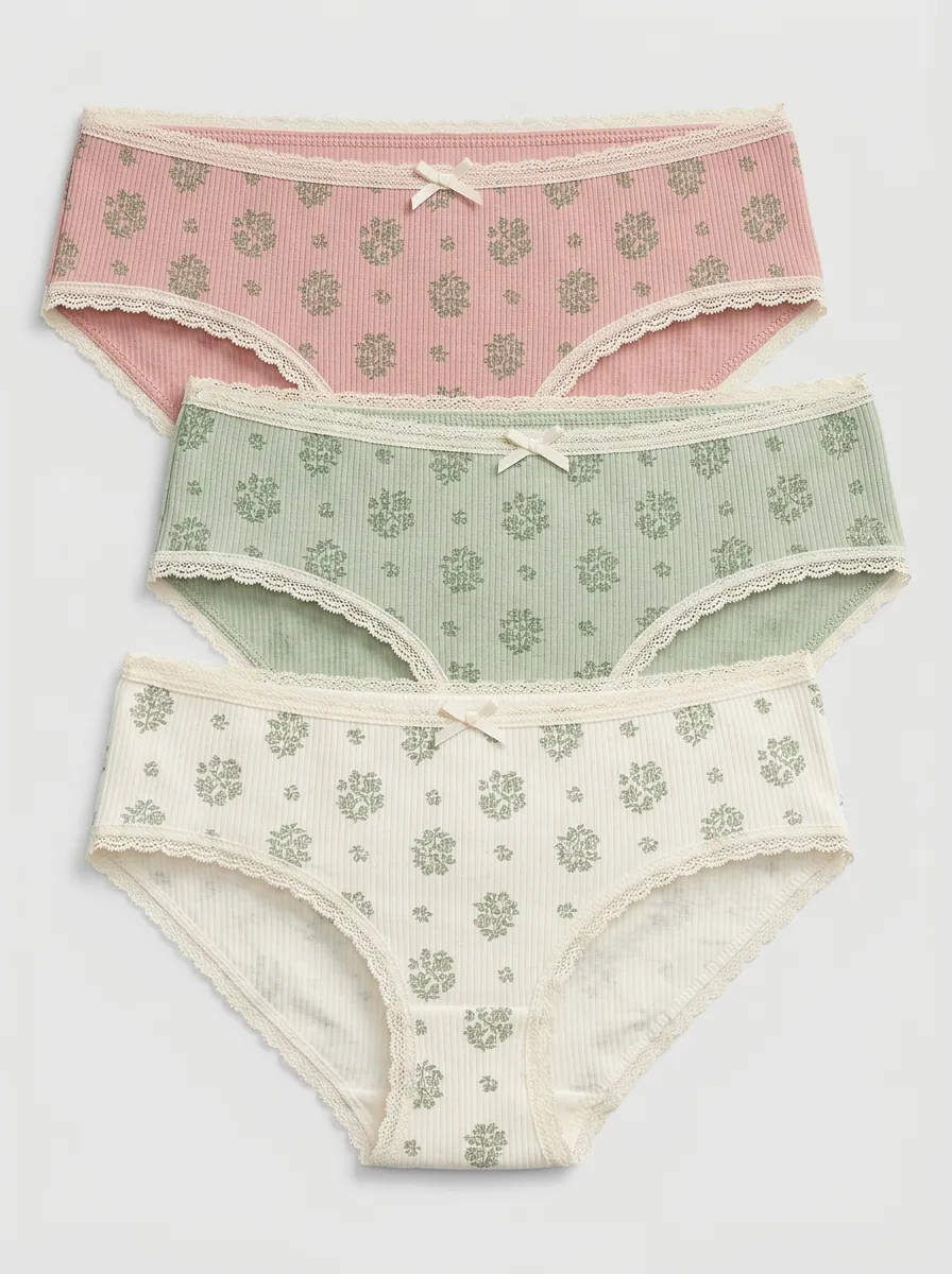 Lace-Trim Ribbed Floral Women's Three-Piece Panty Set
