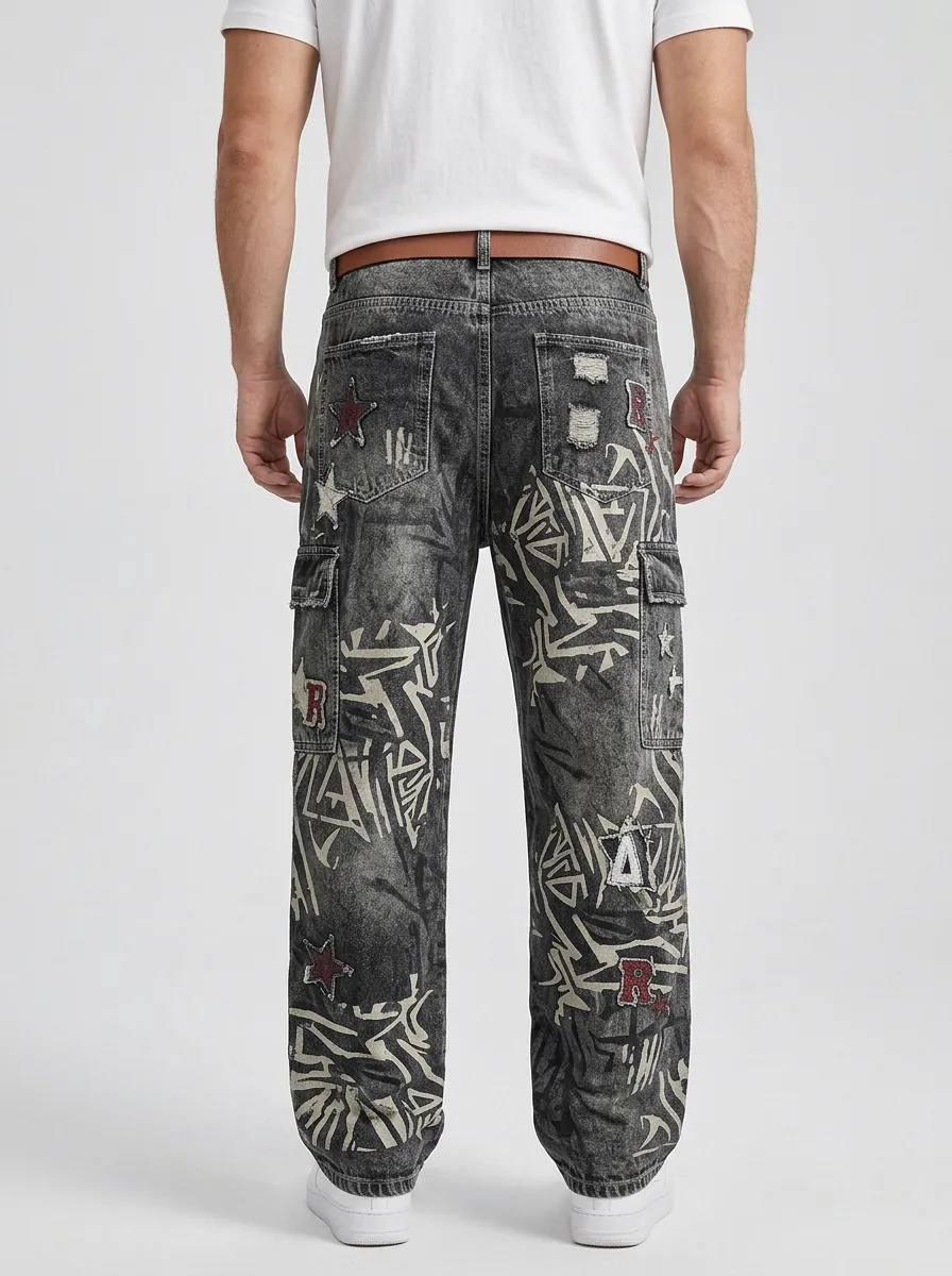 Unisex Urban Streetwear Graffiti Star Cargo Jeans