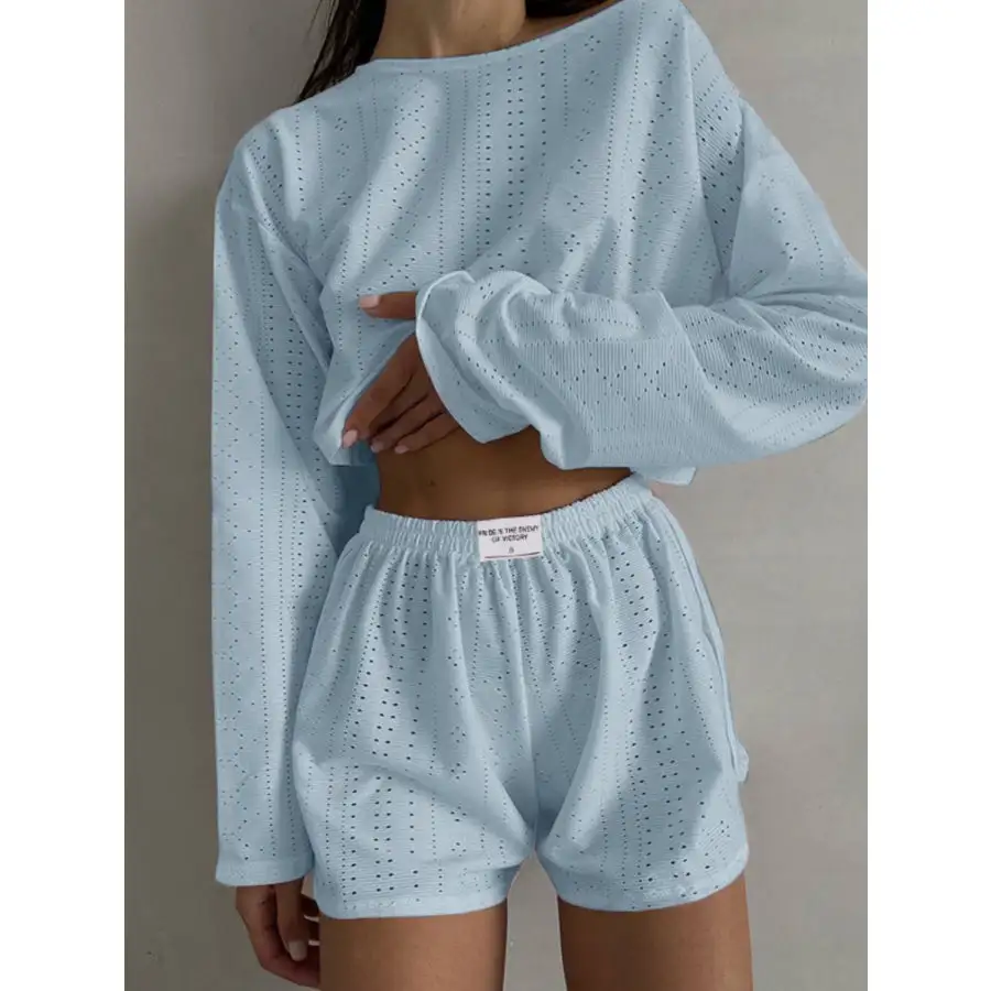 Relaxed Eyelet Round Neck Top and Shorts Set
