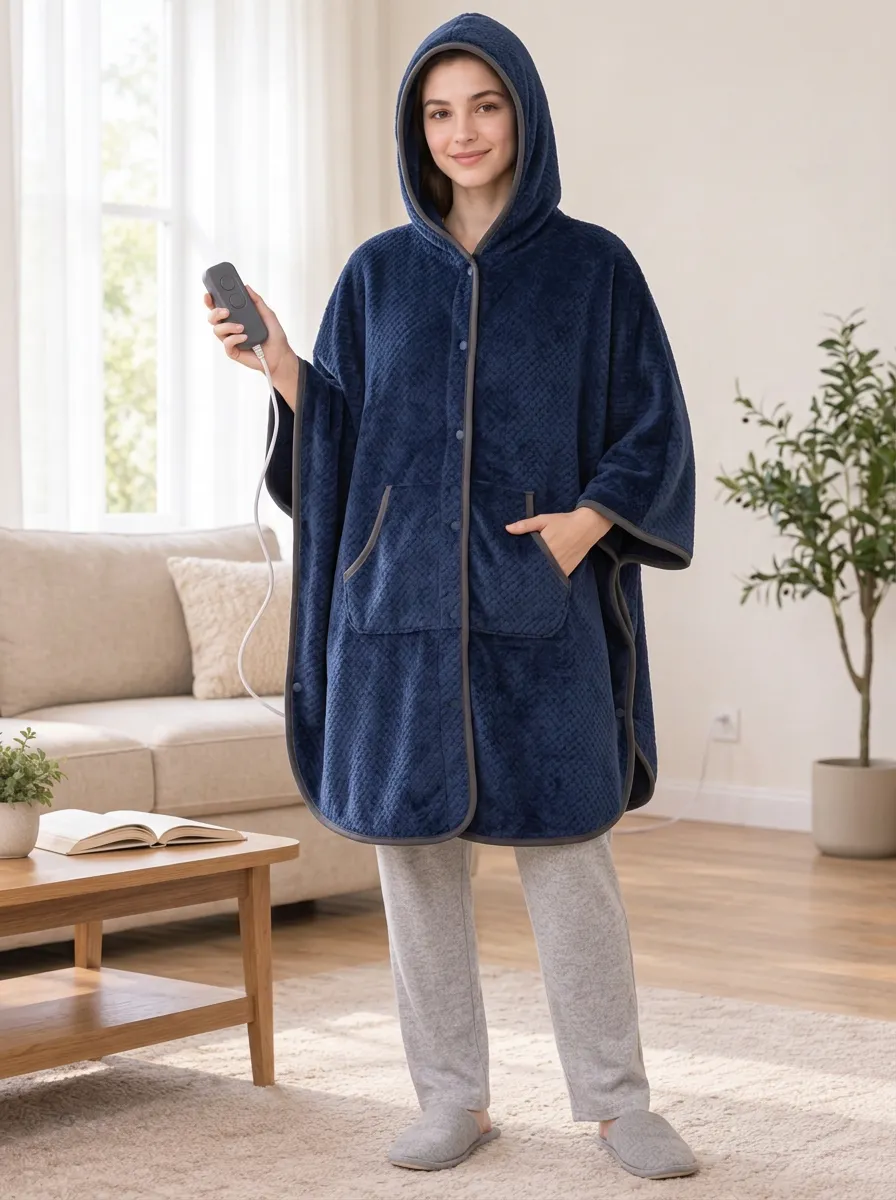 Hooded Poncho Style Wearable Heated Blanket