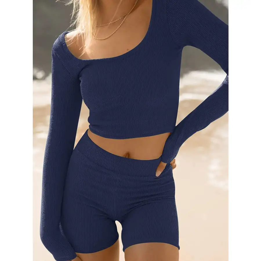 Scoop Neck Long Sleeve Top and Shorts Set